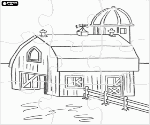 Puzzle with a stable for livestock coloring page