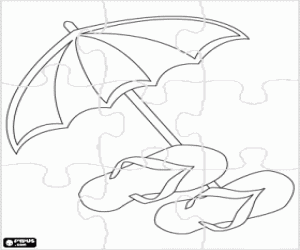 Puzzle of sunshade and sandals coloring page