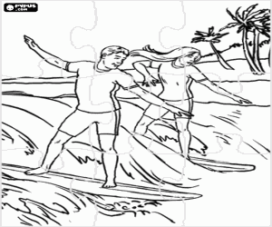 Puzzle with surfers in action coloring page