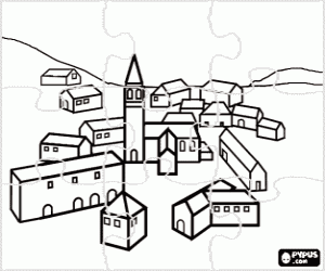 Puzzle of a village with bell tower coloring page