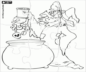 Puzzle of the witch and the potion coloring page