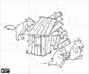 Puzzle of Wolf and the wooden house coloring page
