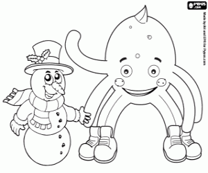 Pypus and a snowman coloring page