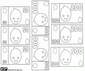 Pypus banknotes 50, 100, 200 and 500 coloring page
