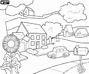 A quiet street with trees coloring page
