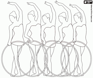 Quintet of gymnasts with hoops coloring page