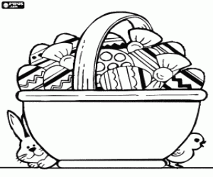 Rabbit,chick and Easter eggs basket coloring page