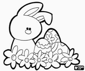 A rabbit, flowers and Easter eggs coloring page