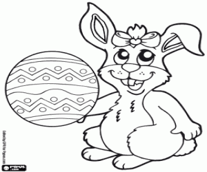 Rabbit with ribbon and Easter egg coloring page