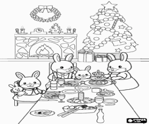 The rabbits and the Christmas table coloring page