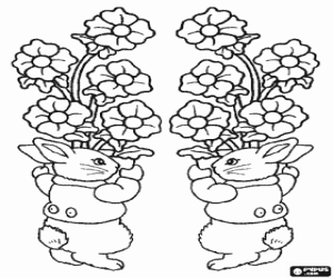 Rabbits and flower bouquets, Easter coloring page