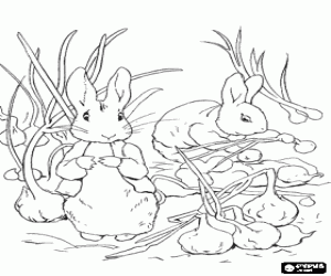 Rabbits pulling a garlic planting in the field coloring page
