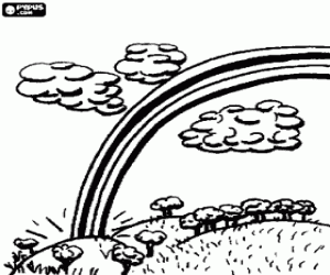 Rainbow in a sky with clouds coloring page