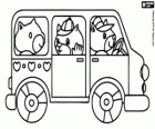 A small bus with animal characters