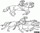 Two equestrian images - Young rider mounting a horse and cow-boy riding a horse and throwing the lasso