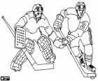 Player and a goalie in an ice hockey match