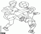 Two footballers or soccer players disputing the ball