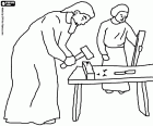 A young Jesus working as a carpenter with his father Joseph