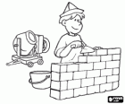 A bricklayer raising a wall with the trowel and a concrete mixer behind