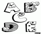 Letters A, B, C, D and E with funny drawings