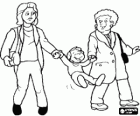 Grandmother, mother and grandson walking, holding hands while the child jumps