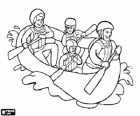 Family, father, mother, son and daughter, sailing and rowing in a canoe equipped with helmets and life jackets