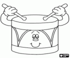 A drum, animated and with face, beaten with a pair of drumsticks