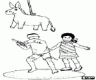 A boy and a girl trying to hit a container with a donkey form with a stick and blindfolded to release candy inside