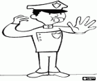 Policeman or police officer stopping traffic with a whistle in the mouth