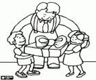 Dad or father hugging his children, a boy and a girl, when receiving a gift