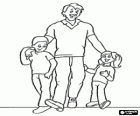 Father or dad walking with his children, a boy and girl