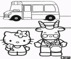 Hello Kitty and the school bus driver standing in front of the vehicle