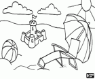 Landscape beach in summer - Sun, sunlounger, parasol, sand castle and inflatable ball