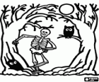 Skeleton and owl in the woods with a full moon on the night of Halloween