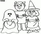 Three children dressed for trick or treat - A ghost, a witch and a demon with bags