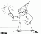 Magician, sorcerer or wizard smiling with the wand and the hat-shaped cone
