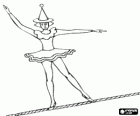 Tightrope with a girl dressed as a ballerina and with a cone hat walking on the rope