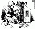 Girl playing with a doll and a doll house with furniture