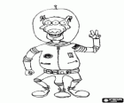 Alien or extraterrestrial with three eyes and three legs wearing an astronaut suit