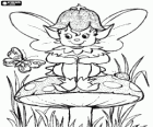 Little elf sitting on a mushroom watching the flight of a butterfly