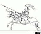 Knight in armor and with his spear ready mounted on his horse also protected with armor