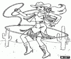 Woman cowboy or cowgirl handling the lasso in the desert between the cactus