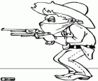 Cowboy bandit or robber with his face covered with a handkerchief and two guns pointing