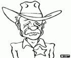 Face of the old sheriff with a cowboy hat and star on his chest