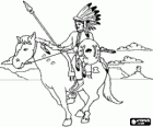Indian warrior riding across the plain with the mountains behind with his feathers, shield and spear