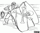 Bearded pirate on board on the ship prepared to hoist the flag with a skull