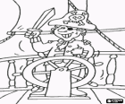 Pirate captain at the helm of his boat with his hat, the eye lid and sword in hand