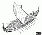Drakkar or viking ship with all the rowers in action and the swollen sail with the wind