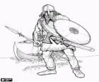 Viking disembarking of his boat completely armed and with the shield and the lance in the hands