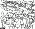 Ash and his friends taking a walk with Pikachu by the forest